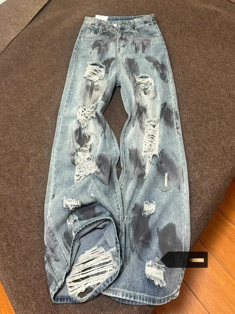 Jeans da donna a vita alta, effetto tie-dye, stile apocalittico, nuovi per l'estate, taglie forti, pantaloni a gamba larga snellenti