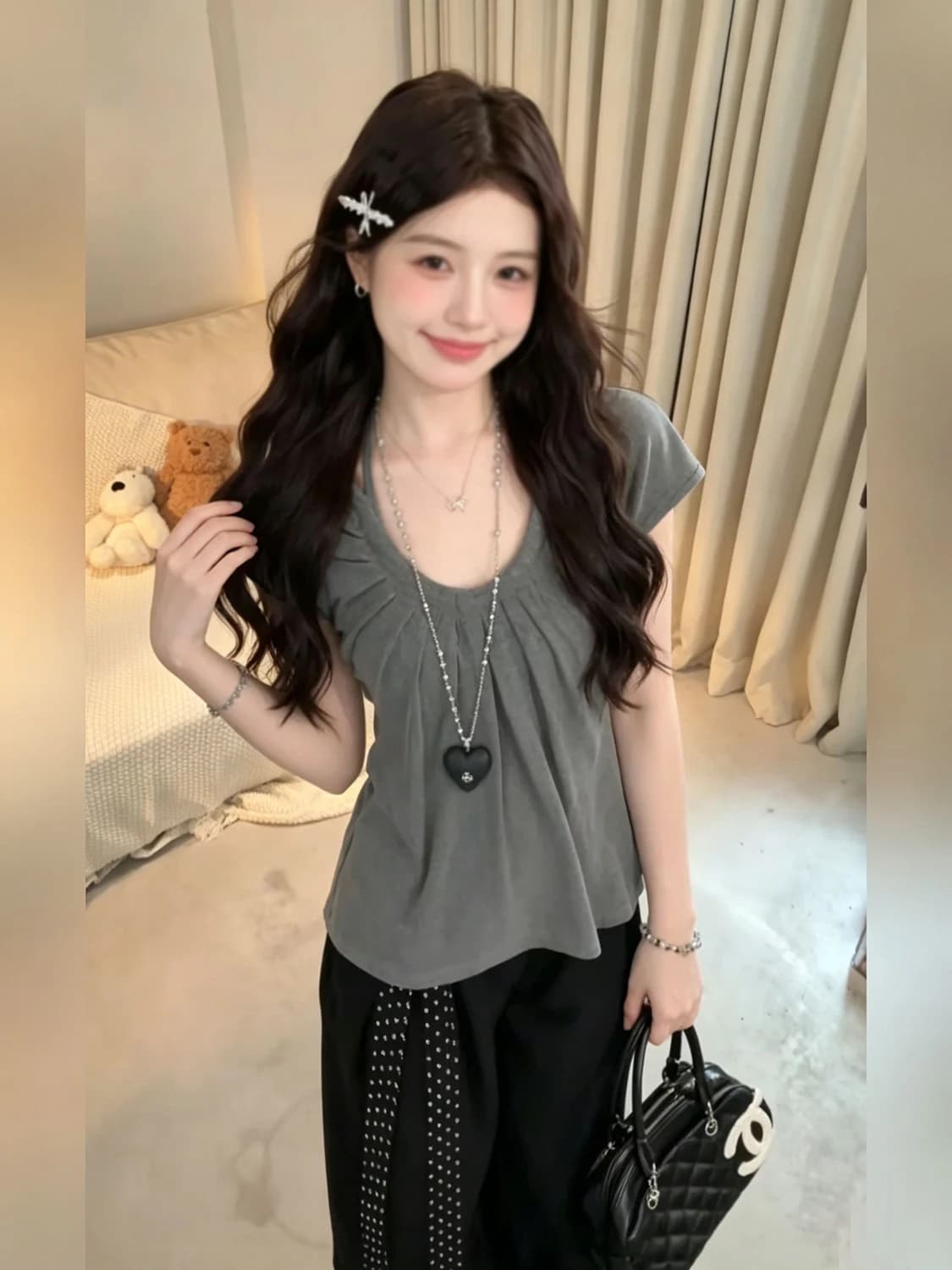 Loose Fit Short Sleeve U Neck T Shirt Women's Summer New Style Korean Casual Style Slimming Top Folding Design Versatile Shirt