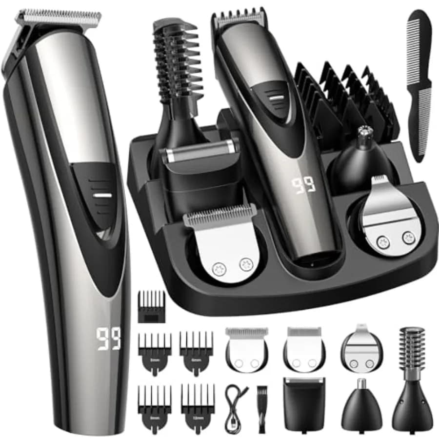 Regolabarba per Uomo: Tosatrice Professionale da Barbiere - Kit di Cura Personale 12-in-1 Senza Fili - Rasoio Elettrico Impermeabile con Turbo
