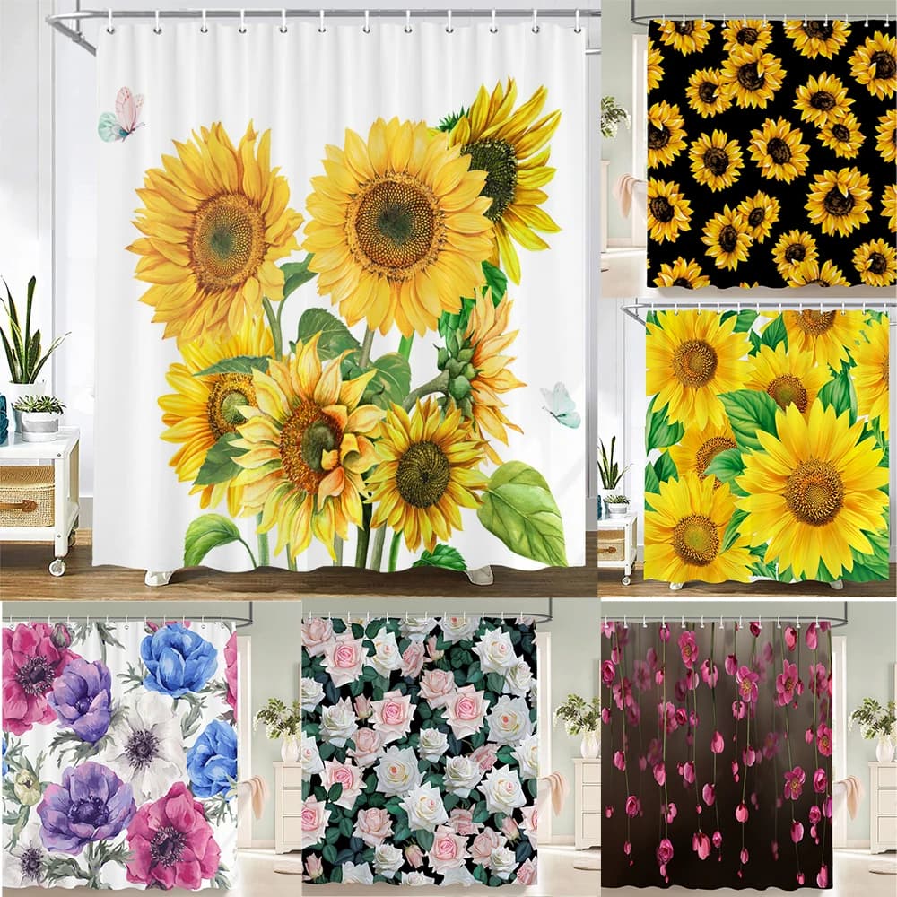 Fiore 3D Girasole Pianta Foglia Stampata Tende da doccia Tenda da bagno Frabic Schermo da bagno in poliestere impermeabile con 12 ganci