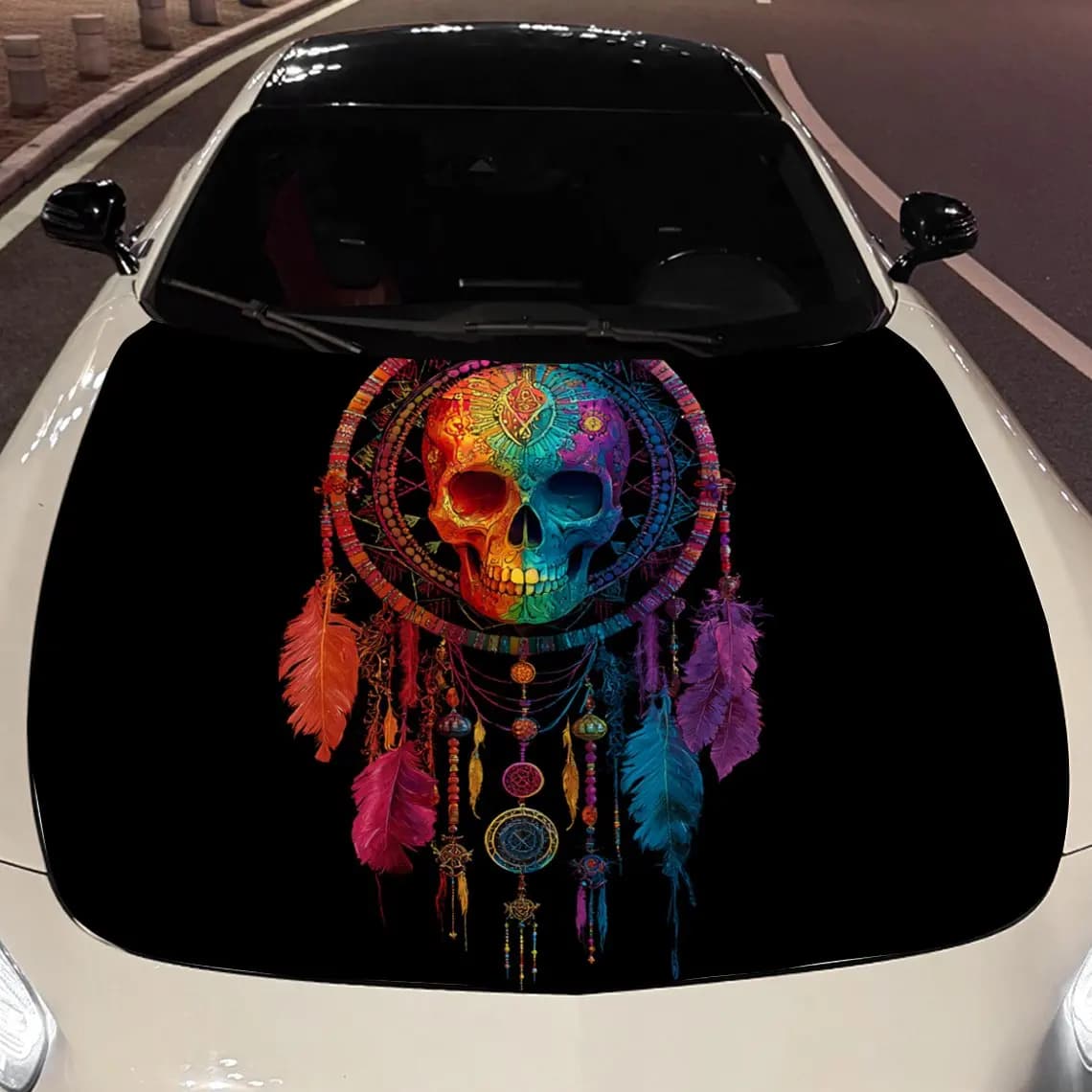 Multicolored Skull Dreamcatcher Car Vinyl Wrap, PVC Material Waterproof Car Hood Sticker, Self-Adhesive Scratch-Resistant Sticke