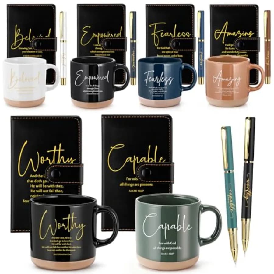 18 Pcs Christian Gift Set for Women Men 13oz Bible Verse Ceramic Coffee Mugs with Leather Journal Pen Inspirational Religious G