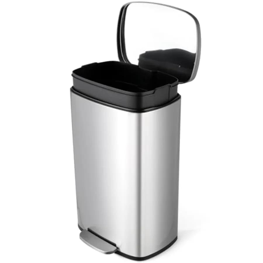 Kitchen Trash Can 30L Recycling or Garbage Bin Brushed Stainless Steel Waste Basket SoftandQuiet Close Dustbin with Step-On Ped