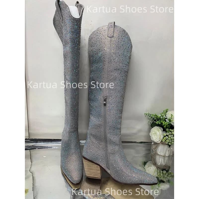 Stivali da cowgirl alti al ginocchio con strass scintillanti argento da donna Punta a punta Tacco grosso Feste Concerti Stivaletti speciali abbaglianti