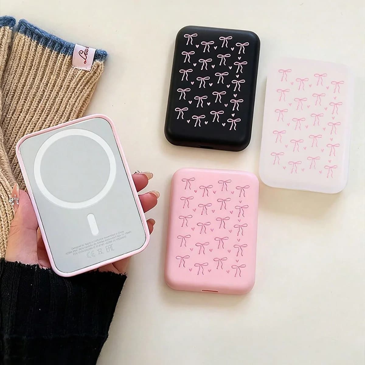 3Pcs Cute Bow-Knot Printed Silicone Protective Cases, Compatible with Magsafe Power Banks, Tpu Shockproof Protective Cases, Compatible with iPhone 18/17/16/15/14/13/12/11 Series, Matte Finish (Only the Case, Battery Not Included).