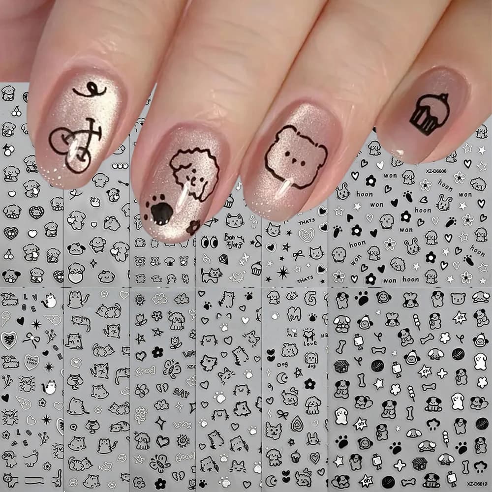 12 pezzi cartone animato gatto nero cane nail art adesivo carino graffiti animale gatto cane cursori adesivi 3D stella cuore bowknot manicure decalcomanie