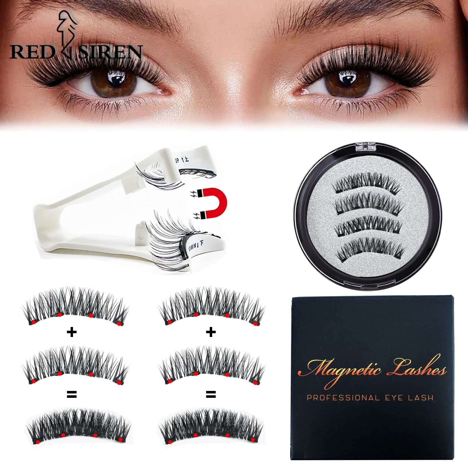 Ciglia magnetiche RED SIREN con applicatore Kit ciglia magnetiche naturali riutilizzabili Nessuna colla necessaria Ciglia finte a fascia morbida e trasparente