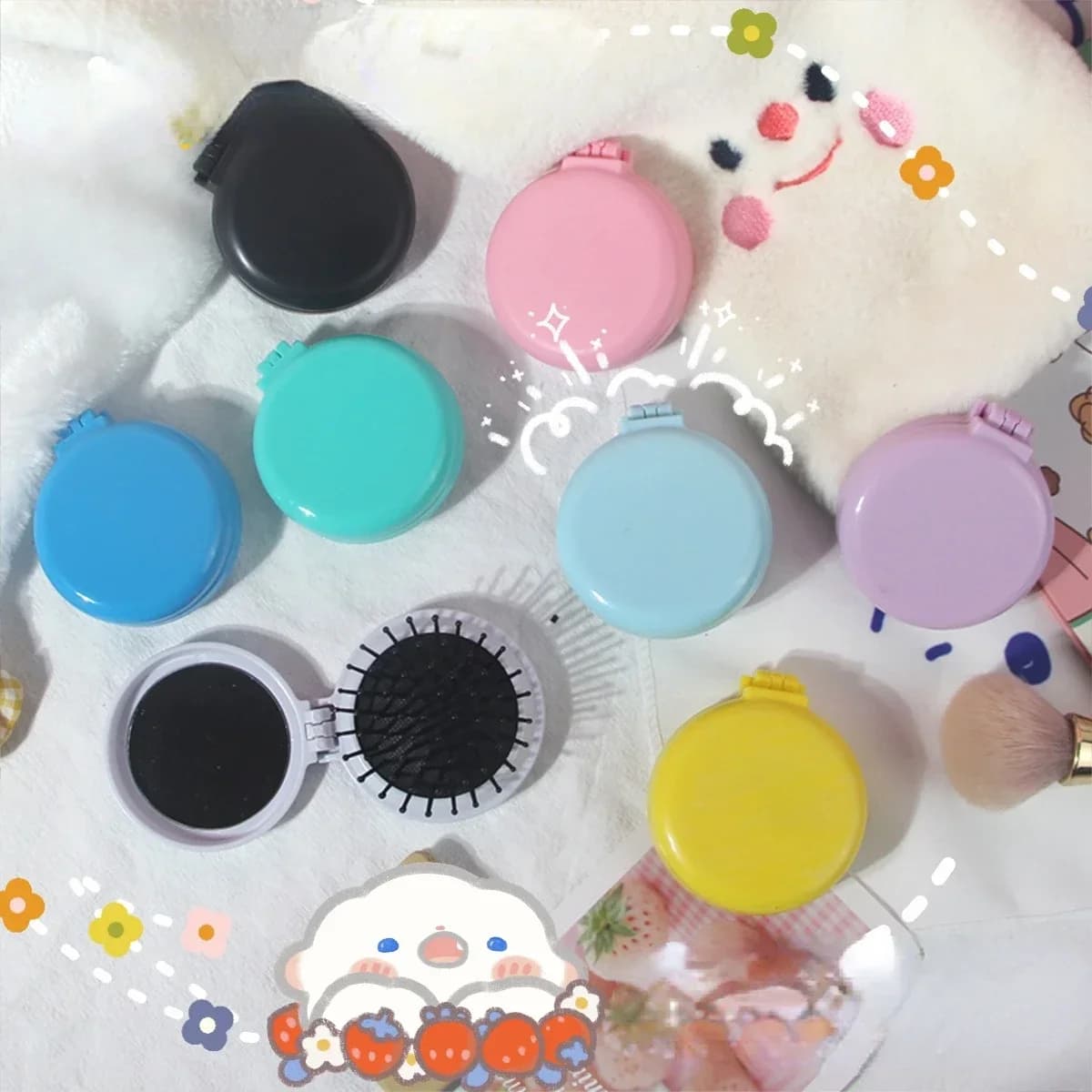 Pettine pieghevole piccolo rotondo portatile con specchio per il trucco Massaggio da viaggio Pettine pieghevole Spazzola per capelli per ragazza con strumenti per lo styling dello specchio