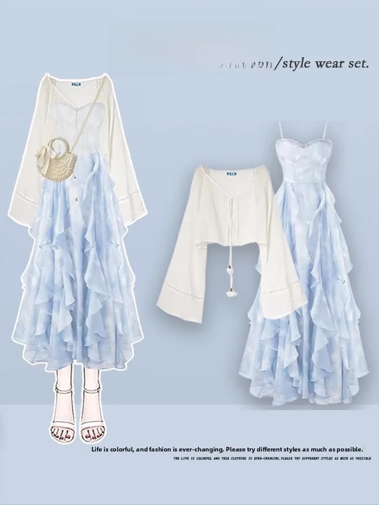 Summer Elegant plus Size Women's Design Sensation Sunscreen Clothing Fairy Tale Slimming Strap Dress Two-Piece Set French Sty...
