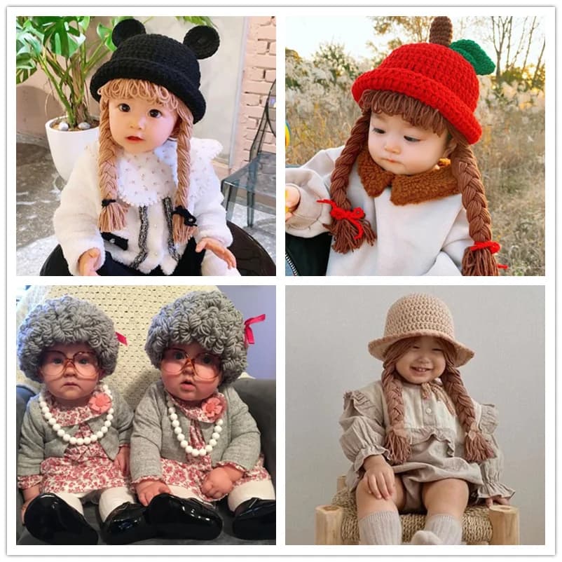 Cute Kids Boy Girl Old Lady Woman Curly Hair Wig Cap Winter Knitted Woolen Beanies Cosplay Braid Hats Accessory for Children