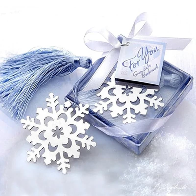 25 pz/lotto Segnalibri romantici con fiocco di neve in acciaio inossidabile con confezione regalo con nappa Etichette per libri confezionate Regali di bomboniere