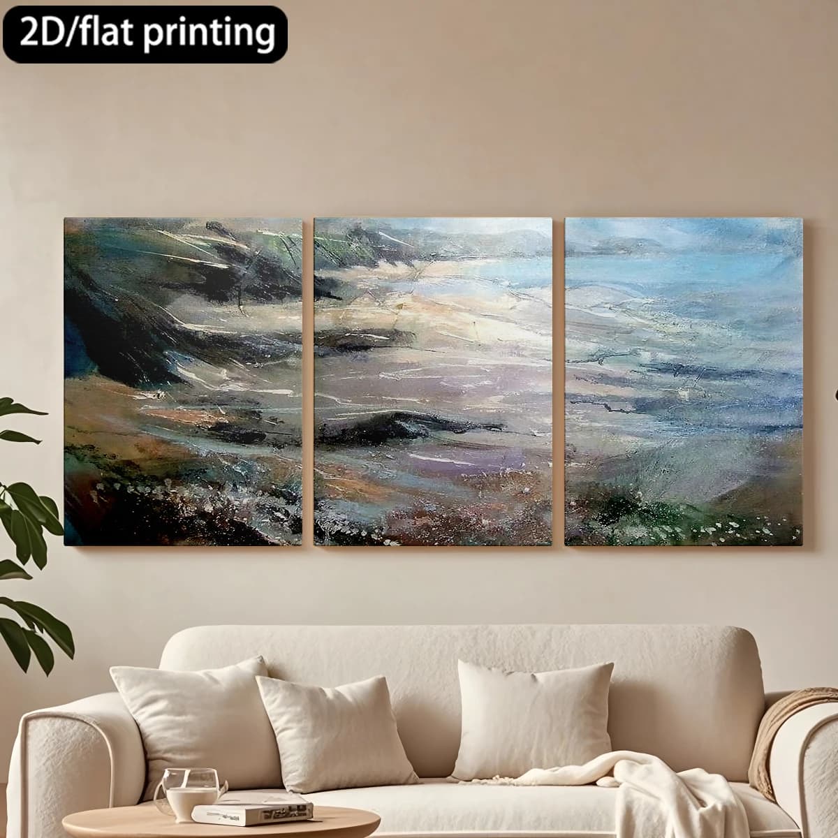 Stampa piatta 2D, tela con cornice in legno in 3 pezzi, pittura decorativa, pittura astratta di paesaggi, toni delicati. Decorazione per corridoio e camera da letto.