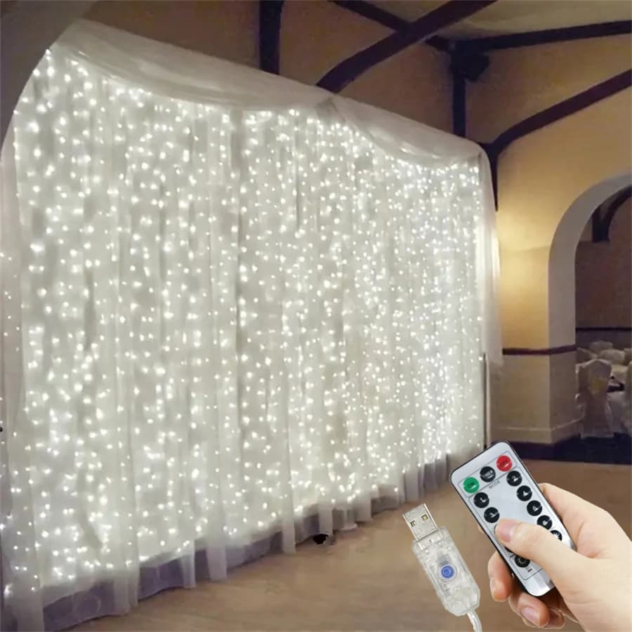 Luci a tendina USB con 8 modalità e telecomando, luci fatate, ghirlanda luminosa natalizia, decorazione per feste, matrimoni, casa e camera da letto