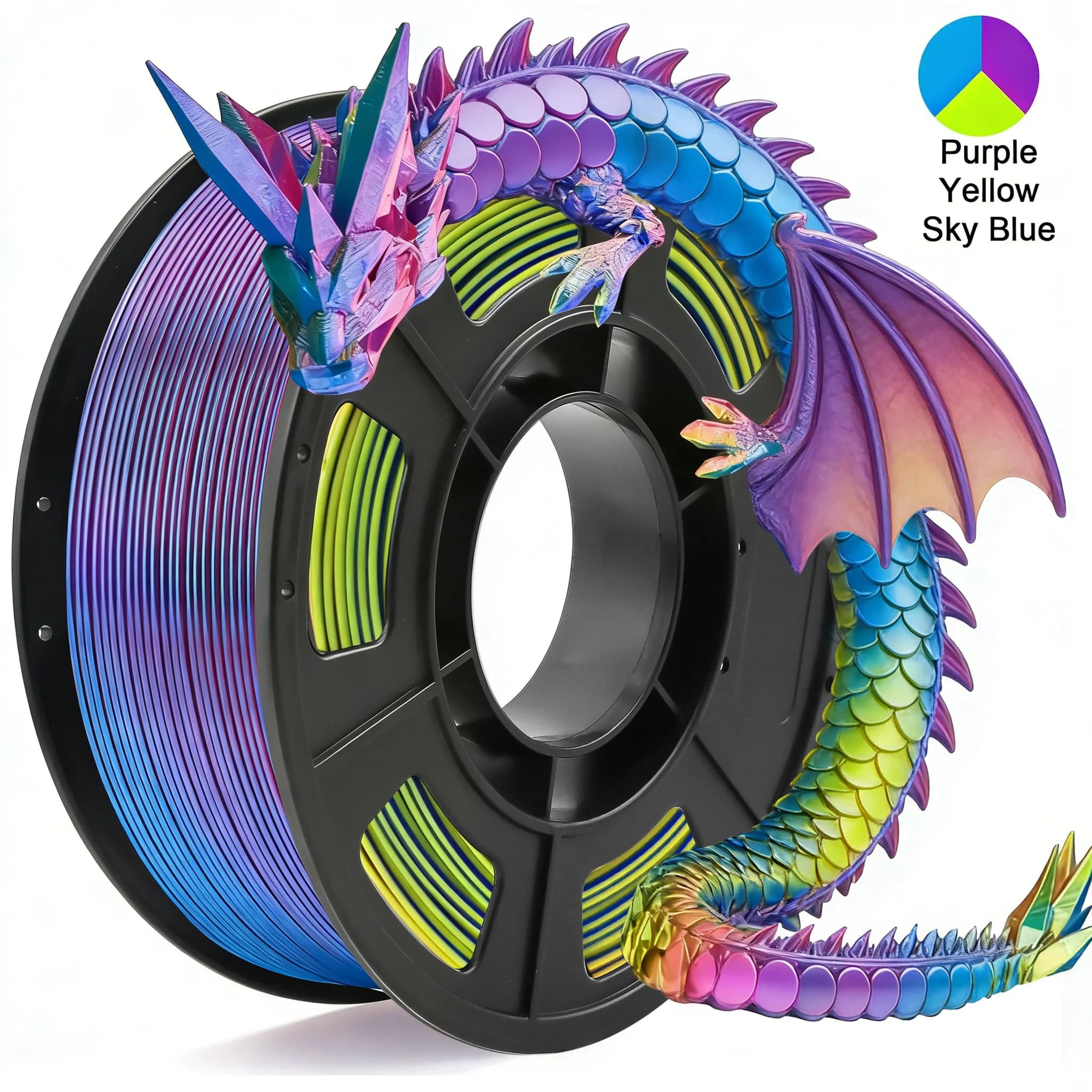 Tricolor Silk PLA 3D Printer Filament, 1.75mm Multicolor 3D Printing Filament, Purple&Sky Blue&Yellow Filament, 250g (0.55lbs)