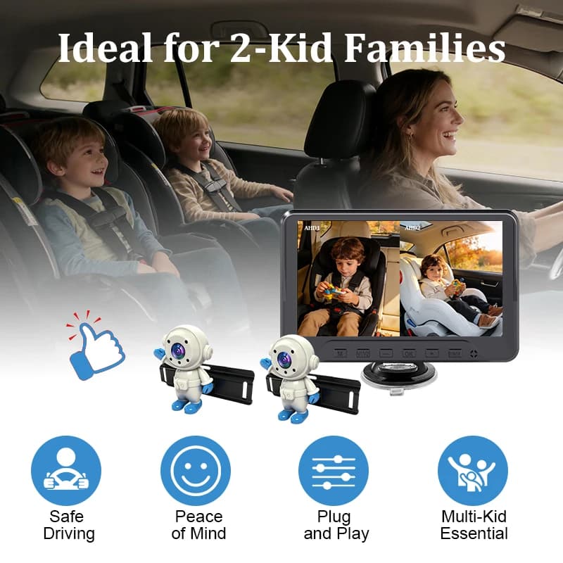 Monitor per Bambini Plug & Play con Doppia Telecamera Posteriore per Auto, Schermo Diviso AHD da 7 Pollici, per 2 Bambini, Gemelli o Animali Domestici