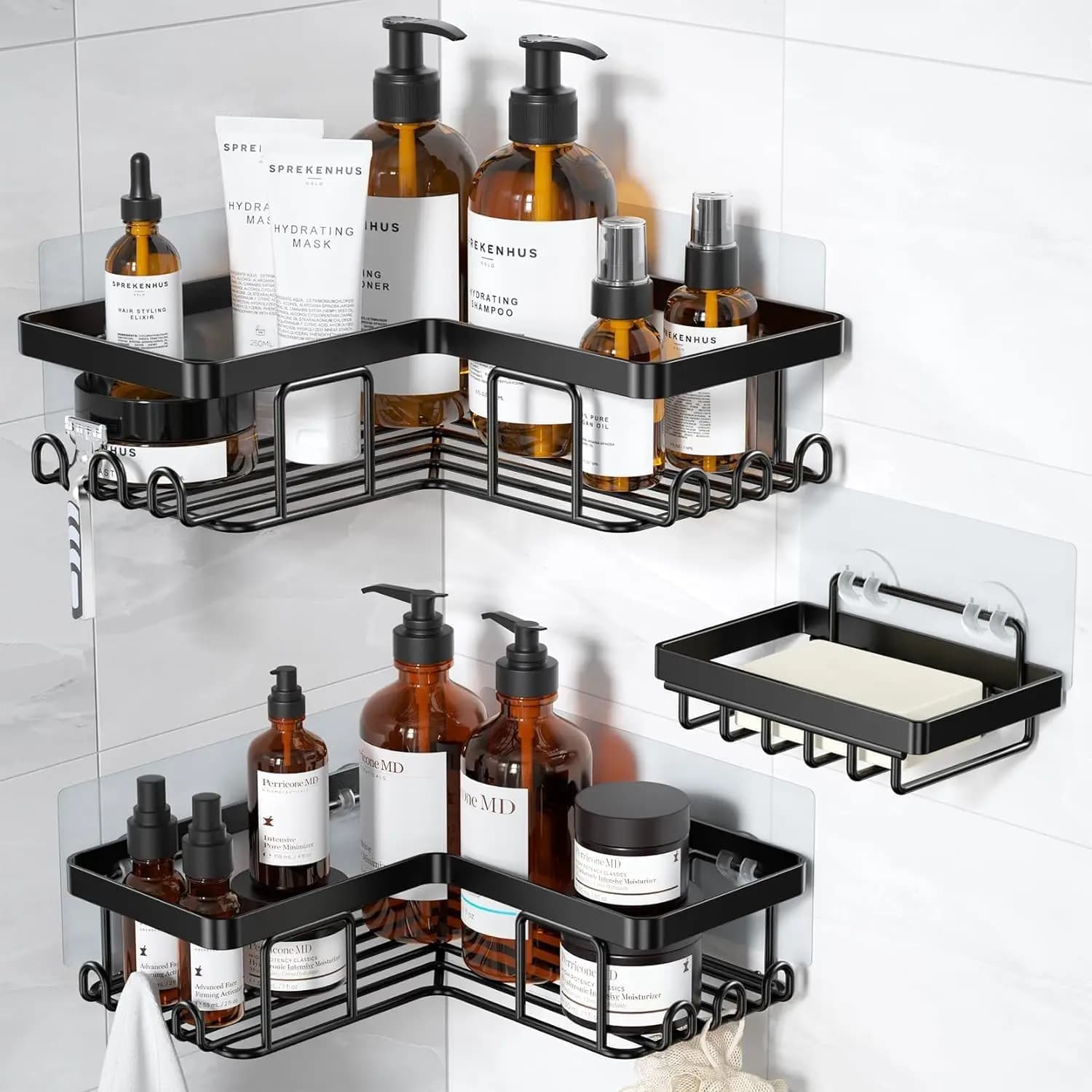 Adhesive Shower Caddy, with Soap Holder and 12 Hooks, Rustproof Stainless Steel Bathroom Organizer, No Drilling Wall Mounted Rac