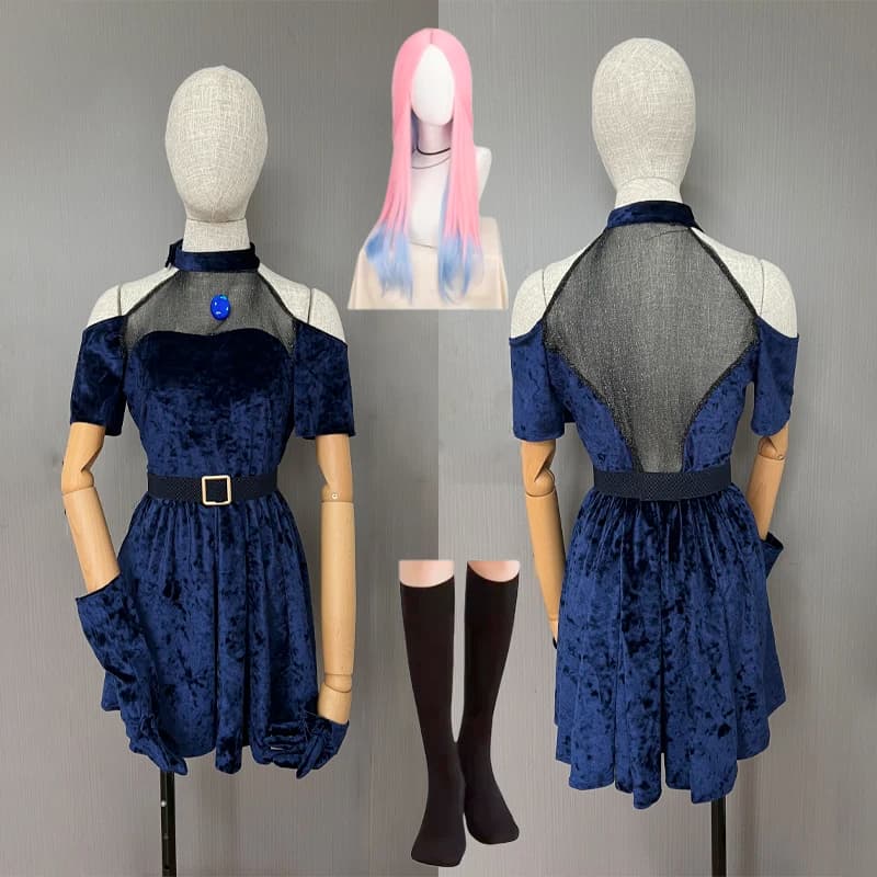 Costume Cosplay Anime Alien Stage Mizi with Dark Blue Wig, Blue Pink Dress, Long Hair, Gloves, Footwear and Belt - Christmas Uniform Set
