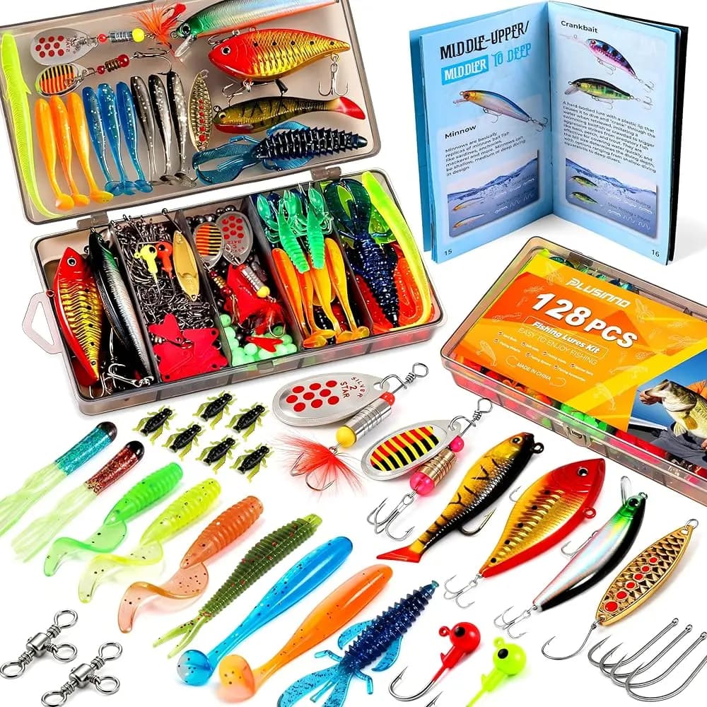 Esche da Pesca, Set Completo 128 Pezzi con Scatola Porta Attrezzi e Manuale Passo-Passo, Kit di Accessori per Attrezzatura da Pesca e Esche per Acque Dolci
