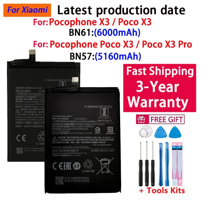 Batteria per telefono Xiaomi BN61 BN57 6000mAh 100% originale per Xiaomi Pocophone X3 NFC Poco X3 Pro, batterie di ricambio