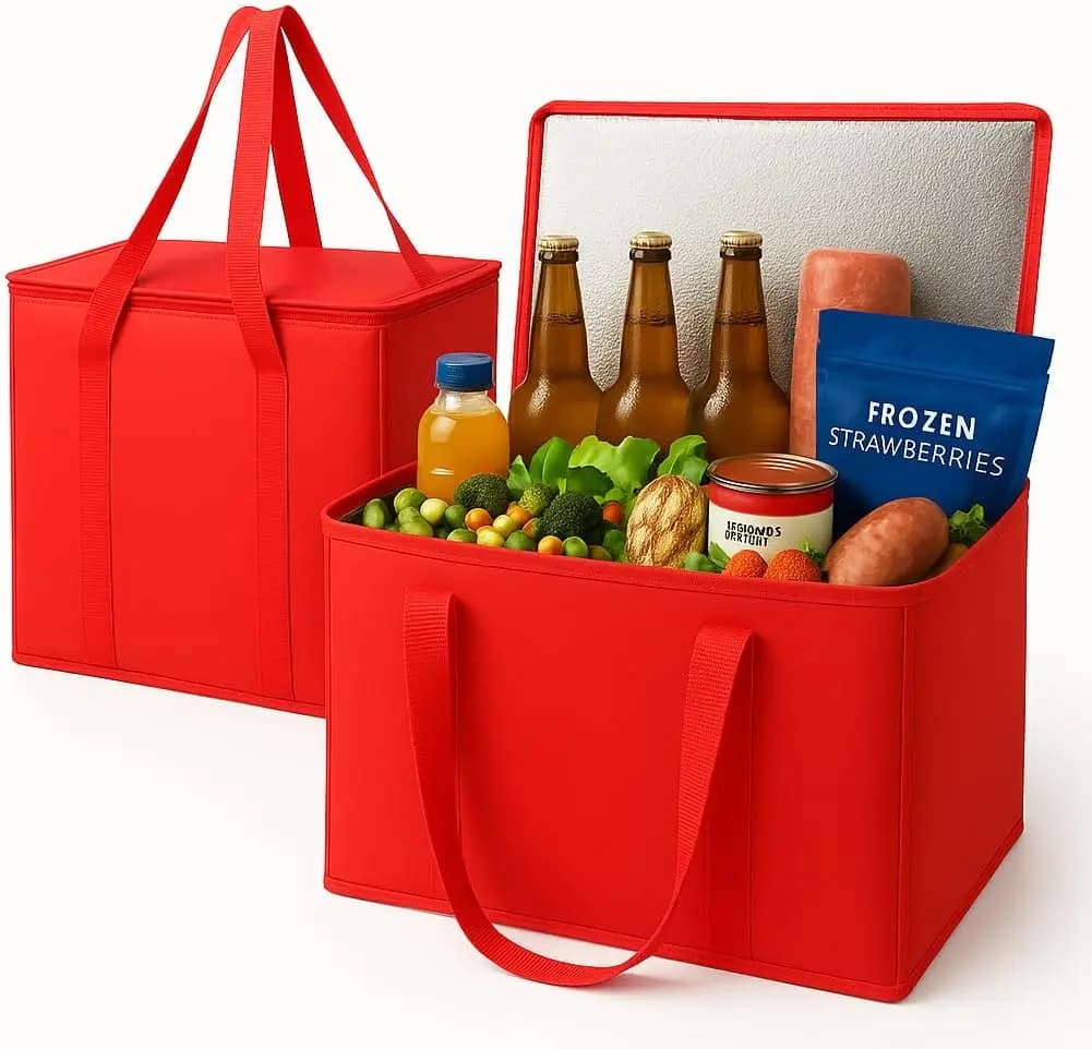 Set di 2 Borse Termiche XL per la Spesa, Rosse, Riutilizzabili, Robuste, con Cerniera, Pieghevoli, per Auto, in Materiale Riciclato