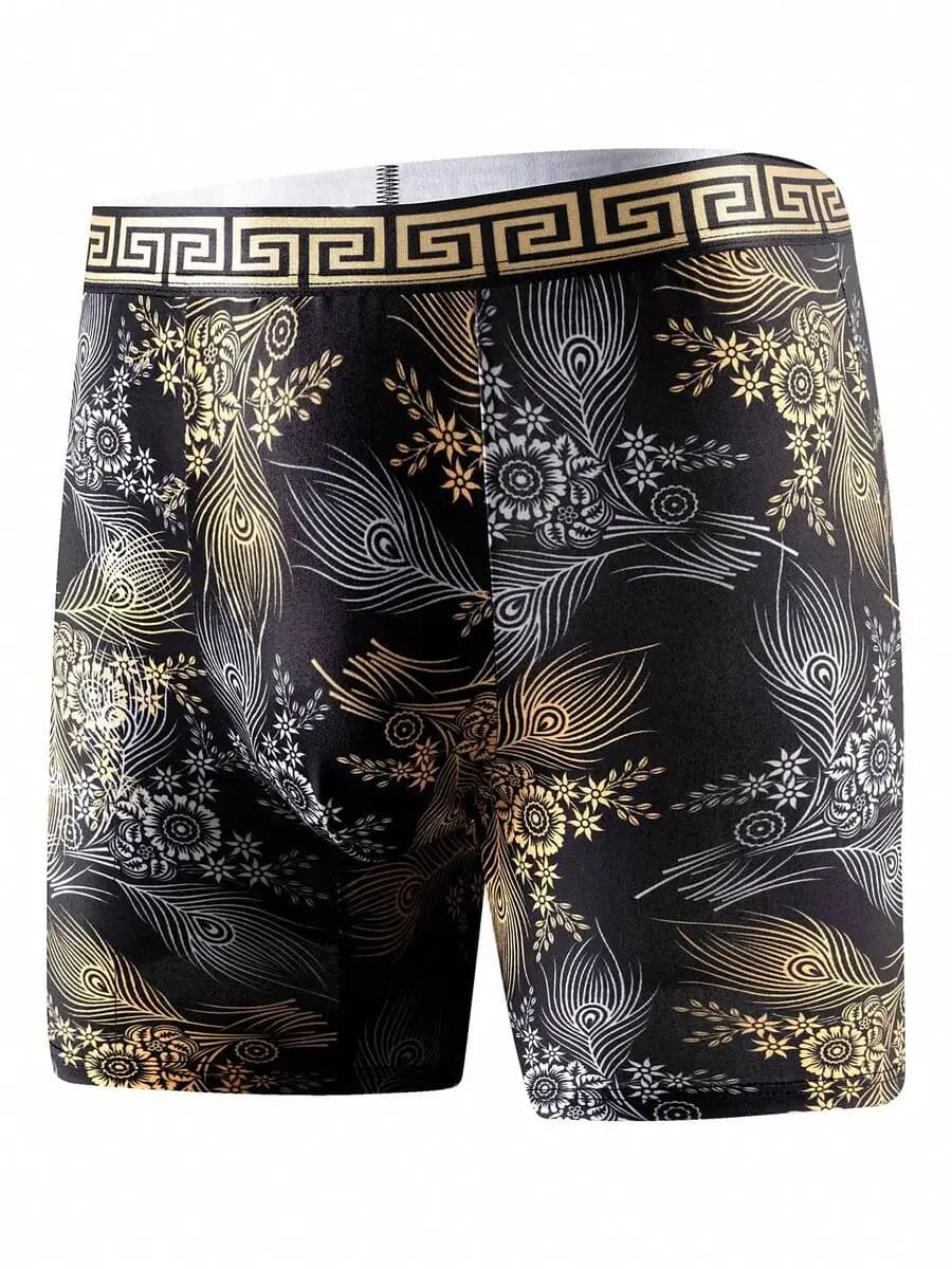 Mens Fashion Long Boxer Briefs Thin Breathable Comfortable Peacock Floral Print