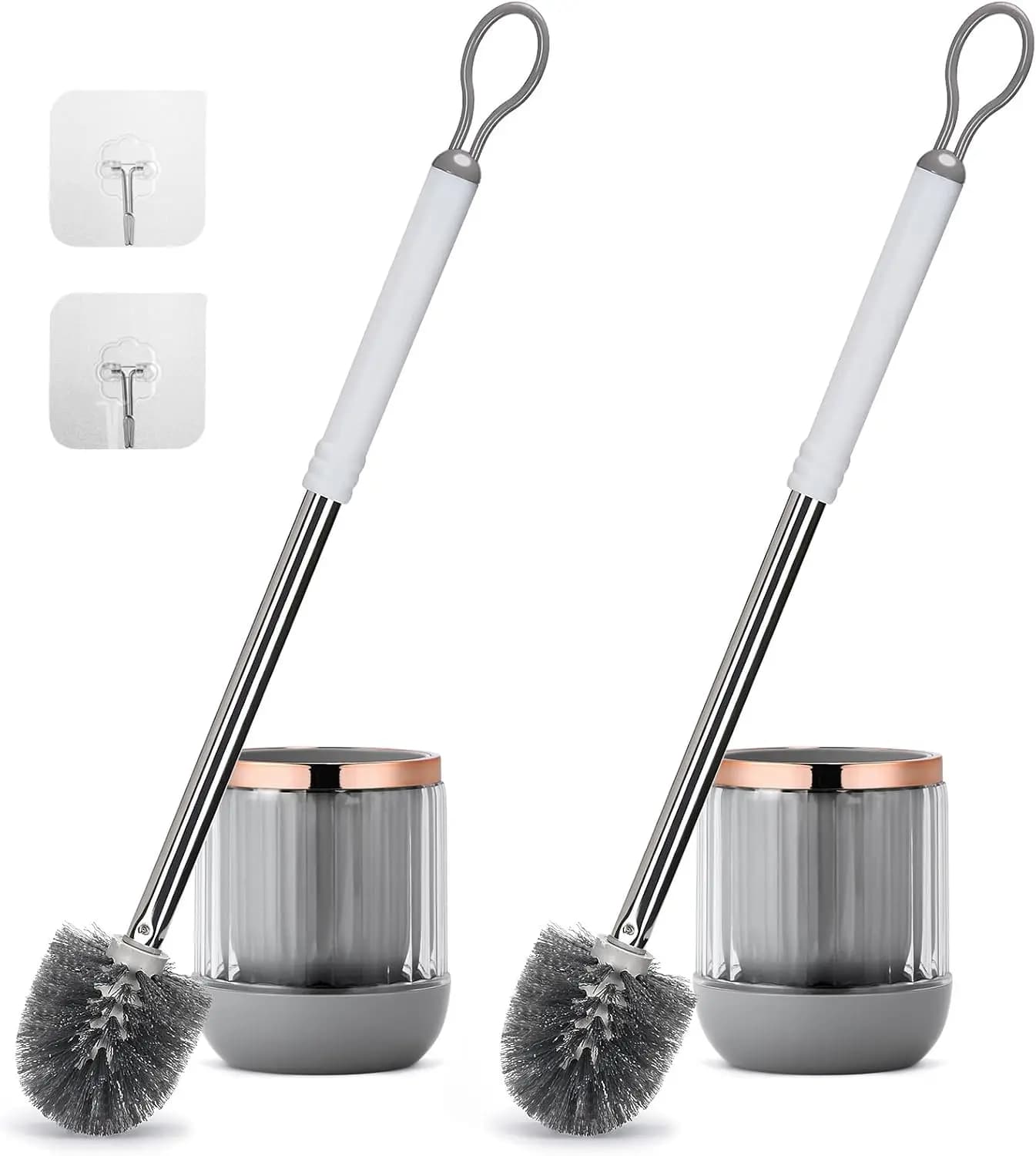 2 Pack Toilet Brush and Holder Set, Long Handle, Wall Mount or Floor Stand, White