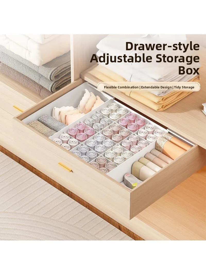 Tee-In-One Sos storage box for underwear and bras, wardrobe organizer, simple plastic box with underwear compartments and bras