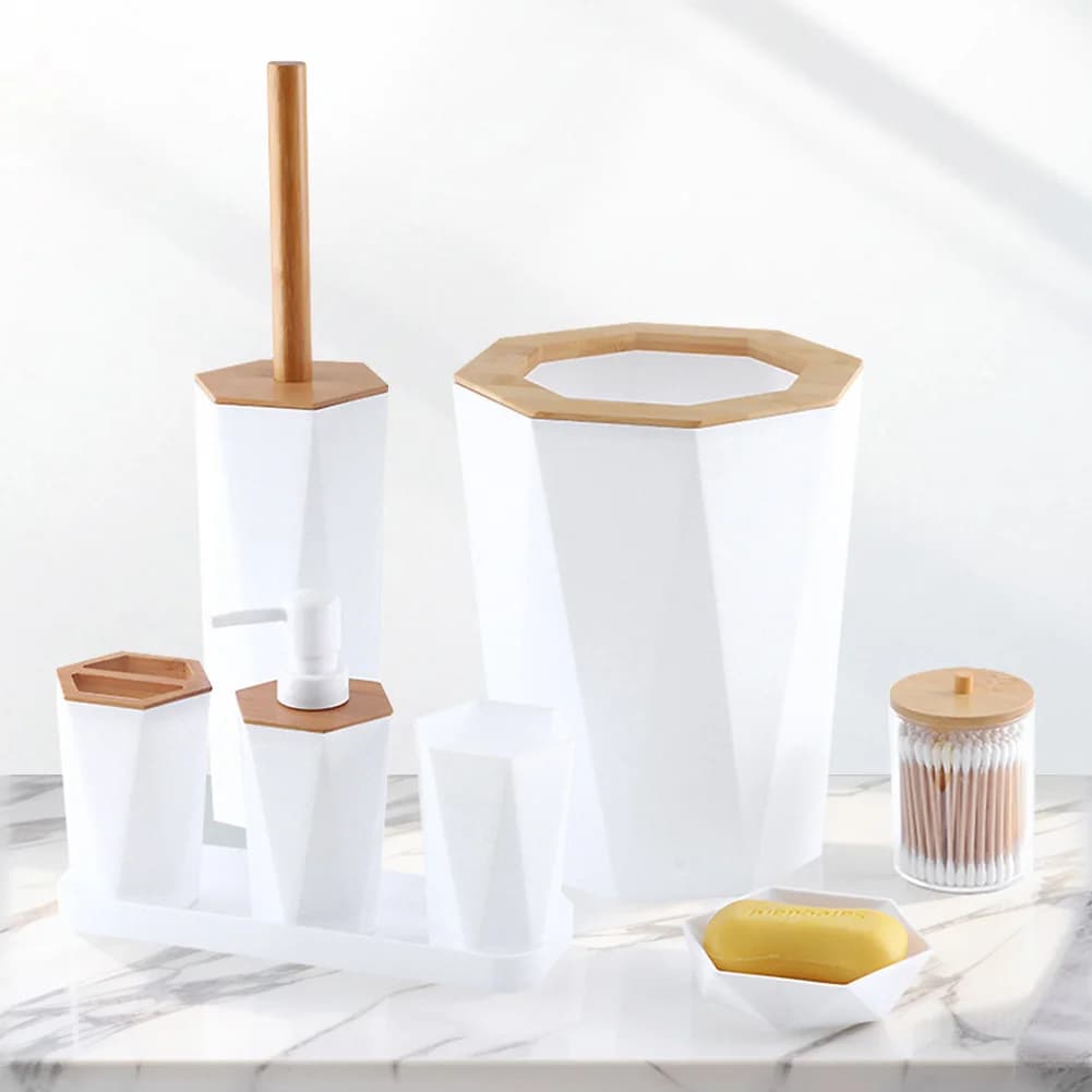 Set da Bagno 8 Pezzi con Portabicchieri, Dispenser Sapone, Spazzola, Cestino, Accessori Bagno - Portasapone, Dispenser Sapone Liquido, Cestino, Spazzola WC