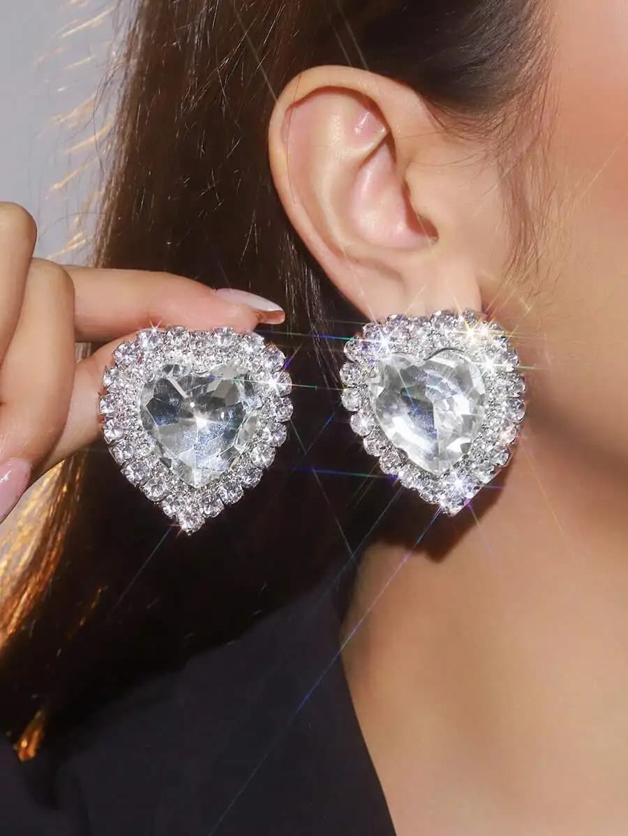Luxury Heart-Shaped Crystal Rhinestone Stud Earrings For Women, Elegant Statement Jewelry For Formal Events And Daily Wear