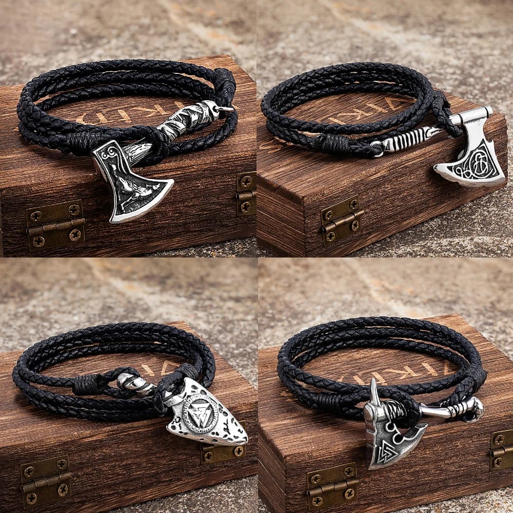 Handmade Braided Multilayer Leather Stainless Steel Viking Axe Bracelet For Men Women Outdoor Biker Fashion Jewelry Dropshipping