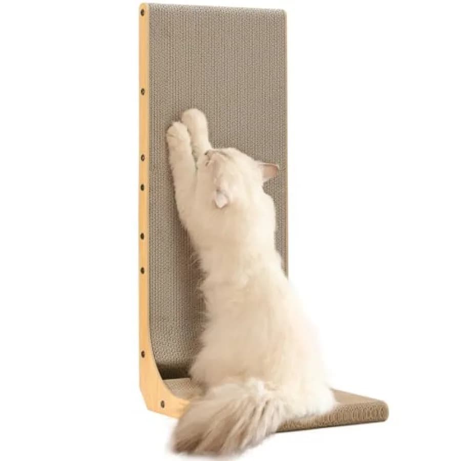 Tiragraffi per Gatti a Forma di L da Parete, 83 cm Extra Grande, in Cartone con Giocattolo a Sfera per Gatti da Interno, Marrone