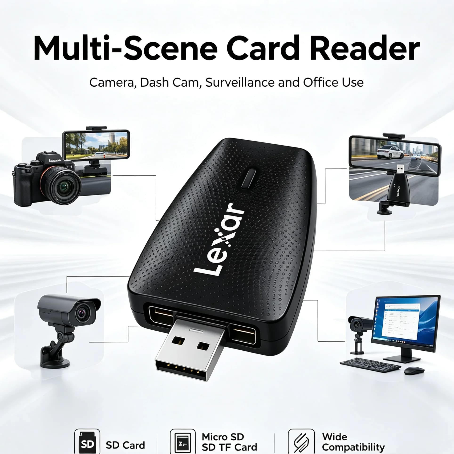 Lexar USB 3.1 Card Reader for Dash Cam SD TF Memory Card Adapter High Speed Data Backup Driving Recorder PC Laptop Accessory