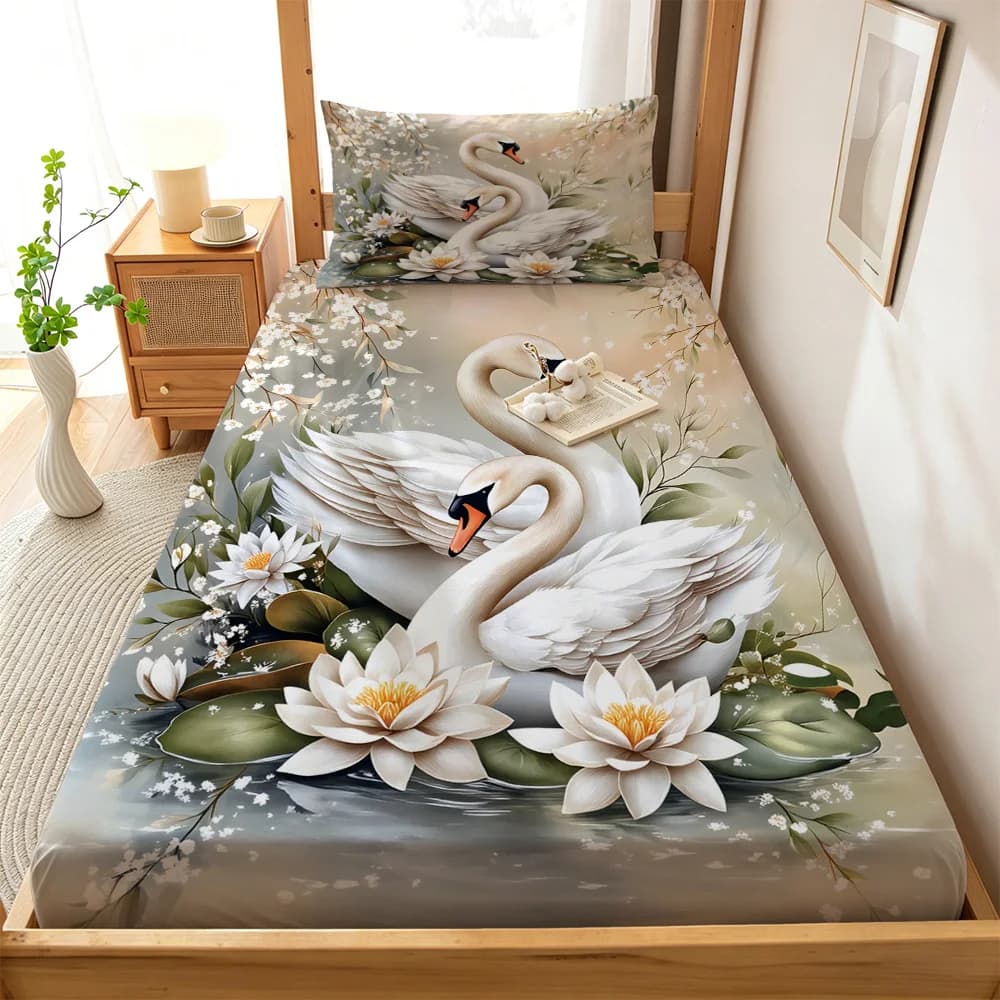 3pcs Elegant Swan Printed Coreless Bed Sheet Summer Set Multi Size Comfortable Bedding Decoration Machine Washable