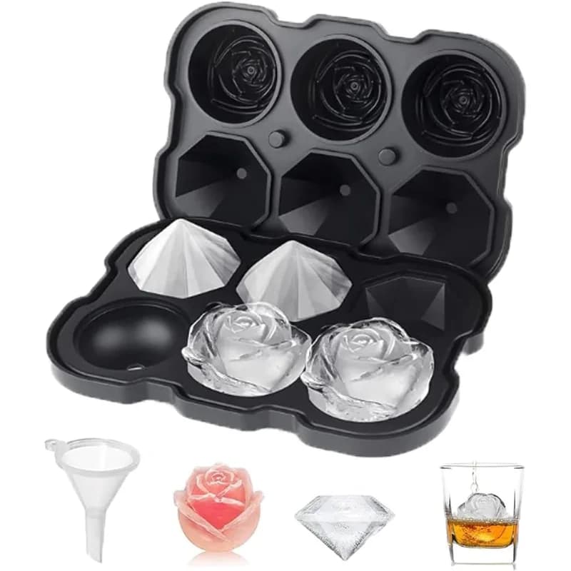 Kit di 3 Stampi per Cubetti di Ghiaccio in Silicone Alimentare, Forme Rotonde, a Diamante e a Rosa per Raffreddare Cocktail e Whisky
