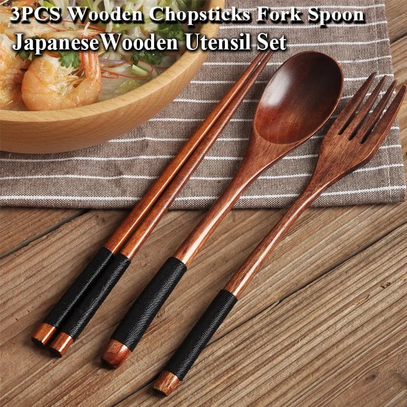 Natural Wood Japanese Tableware Set Spoon Chopsticks Fork Portable Tableware Perfect for Travel Dinner Kitchen Cutlery Set
