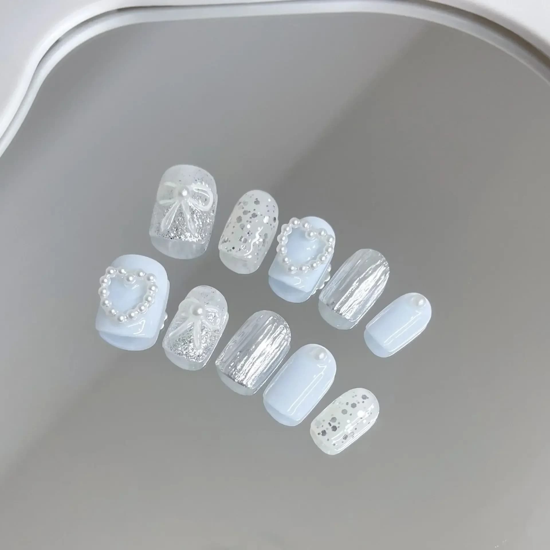 10 pieces white handmade print on nails bow pearl love design summer short ballet fingernails fake cover complete wearable nail tips manicure