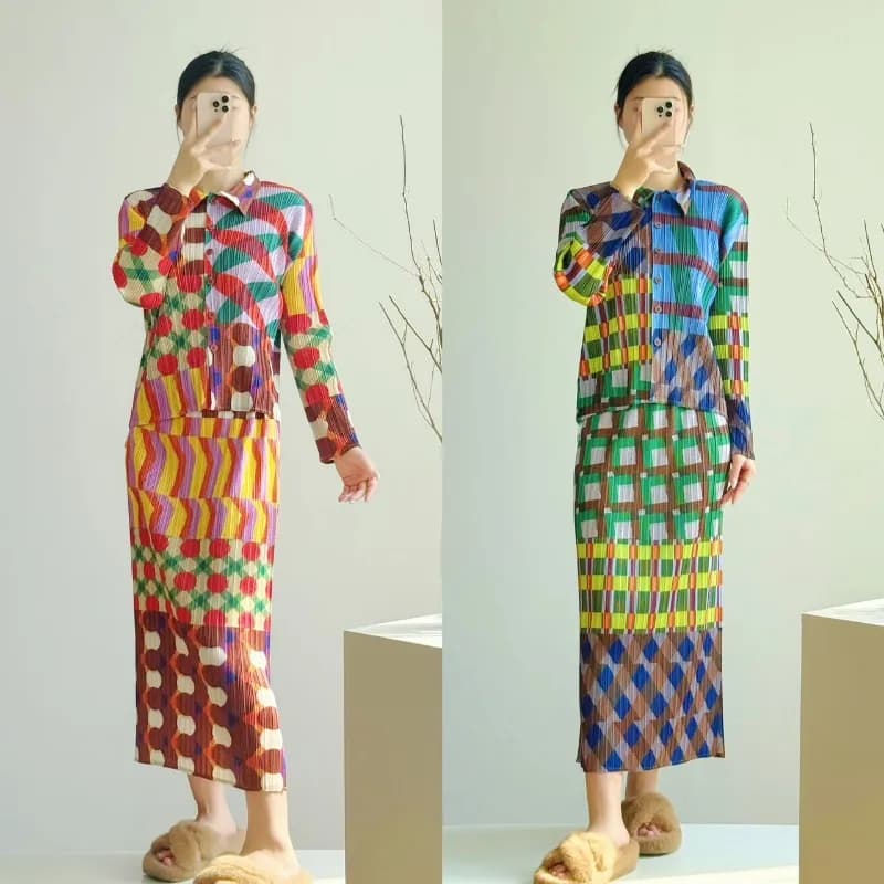Miyake 2026 New Women's Shirt with Square Print, Plissettato Collet, Long Sleeves, Top, T-shirt, Jacket, Straight Pants, Casual Anti-Place