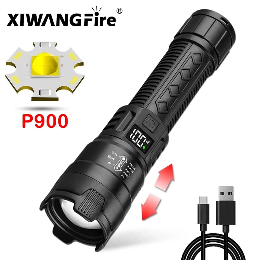 Torcia a LED P900 ad alta potenza Torcia tattica con zoom ricaricabile Lanterna a mano USB per campeggio, uso esterno e di emergenza