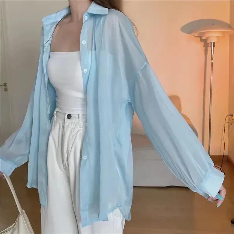 Camicia abbottonata pastello Chiffon trasparente Manica lunga oversize Top arioso Cover Up Camicie da donna per adolescenti Camicetta Abbigliamento casual