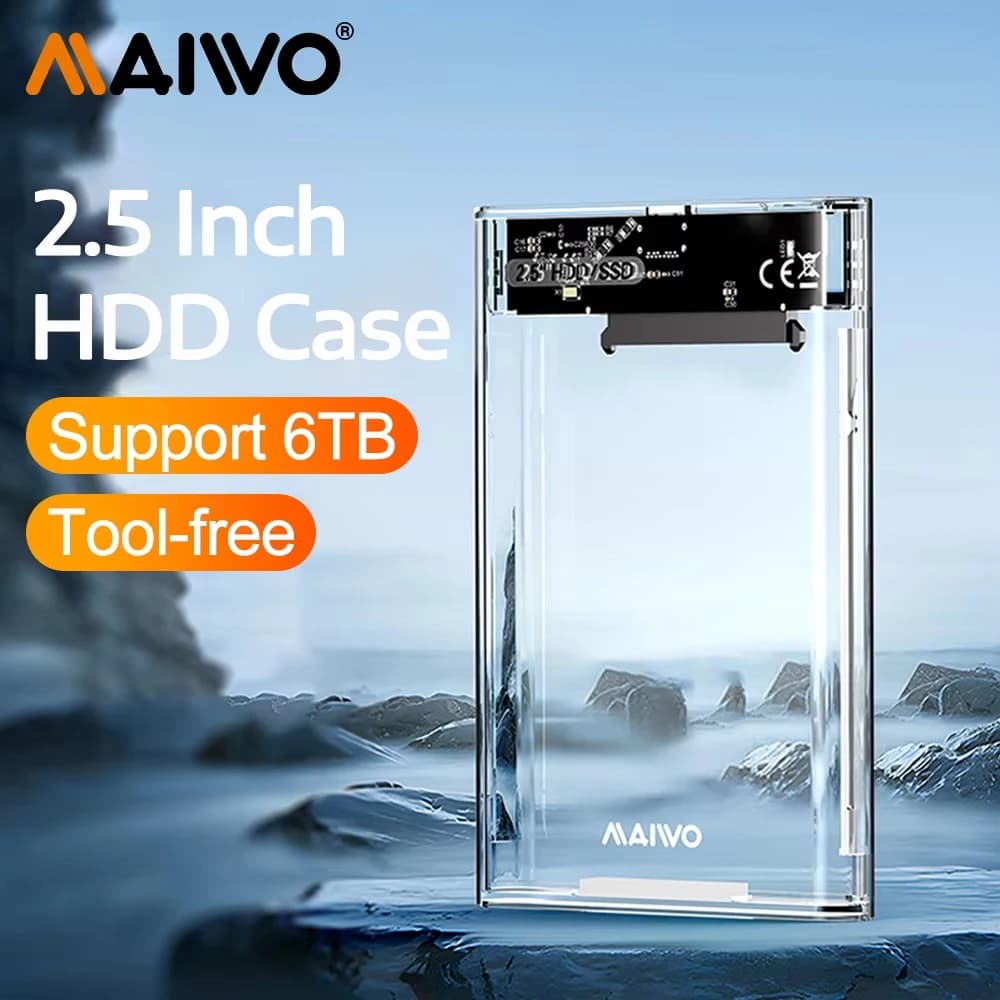 MAIWO Custodia per HDD trasparente da 2,5 pollici Custodia per disco rigido SATA a USB 3.0 Scatola esterna per velocità 5 Gbps Custodia per disco HDD SSD da 6 TB Max