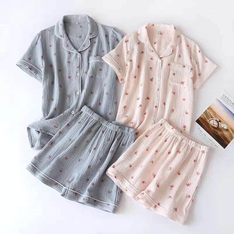 2025 Estate Donna Pantaloncini a maniche corte Pigiama Set 100% cotone Crepe Panno Sottile Servizio a domicilio Due pezzi Primavera e autunno Allentato