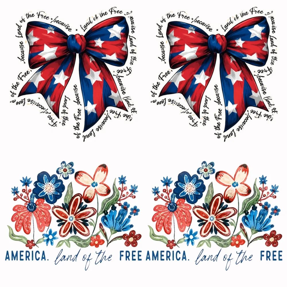 4PCS 9.84in DIY iron on transfers,Patriotic Bow Floral Americana Easy to transfer heat,suitable for T-shirts,washable stickers