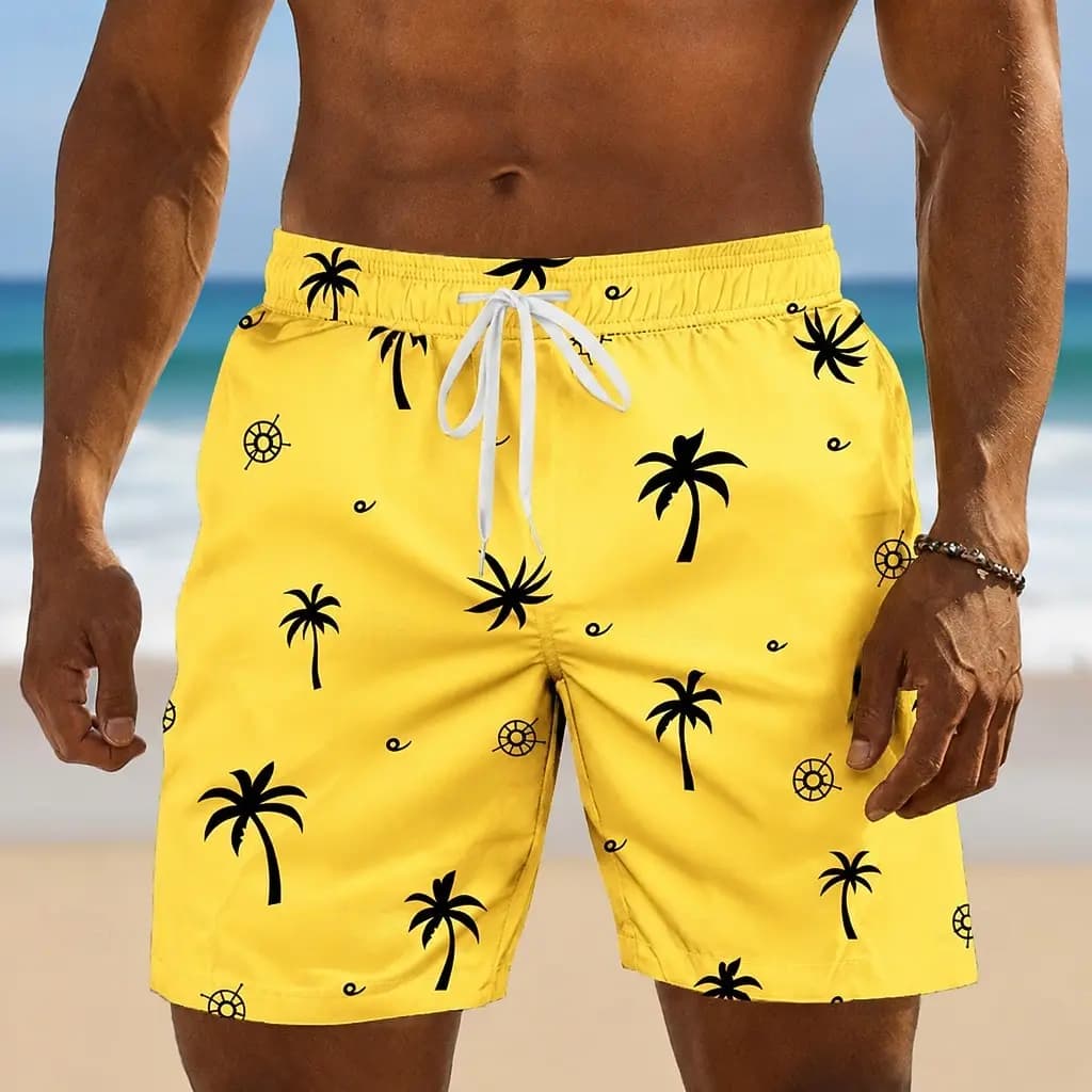Men's Bright Yellow Palm Tree & Nautical Print Drawstring Shorts, Casual Loose Fit For Spring Summer Daily Beach Vacation