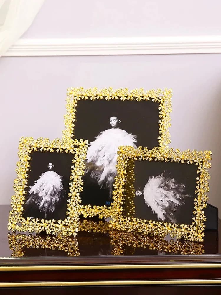 Photo Frame Golden Flowers Modern Wedding Family Home Decoration Gold Picture