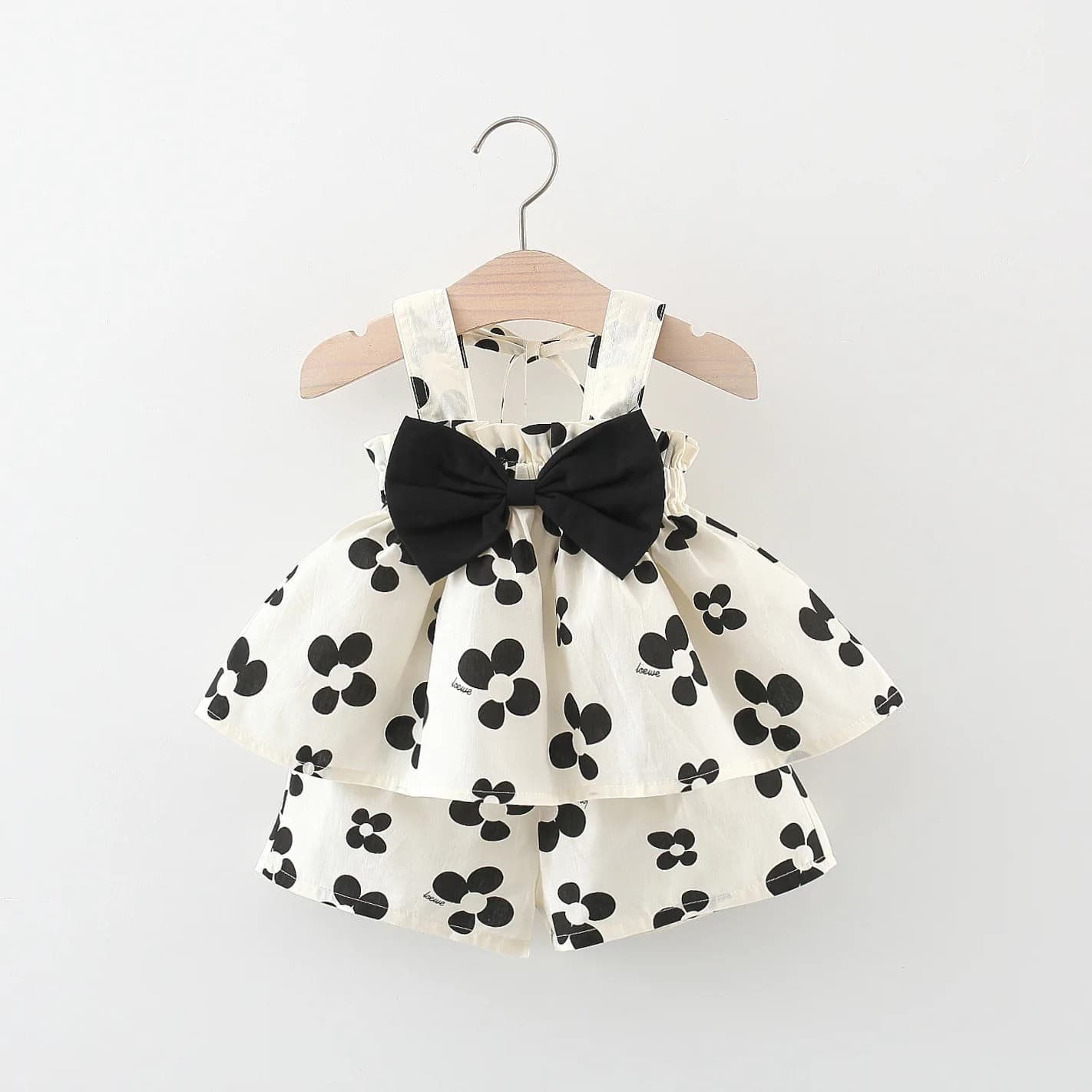 2 pezzi/set summer girls set abbigliamento per bambini pantaloncini con fiocco e bretelle set di due pezzi con stampa dolce