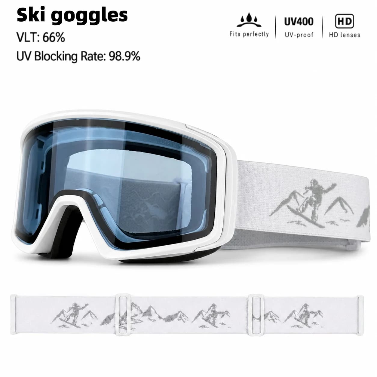 Ski goggles, HD anti-fog lenses, designed for outdoor skiing sports, unisex fit, equipped with adjustable head strap.