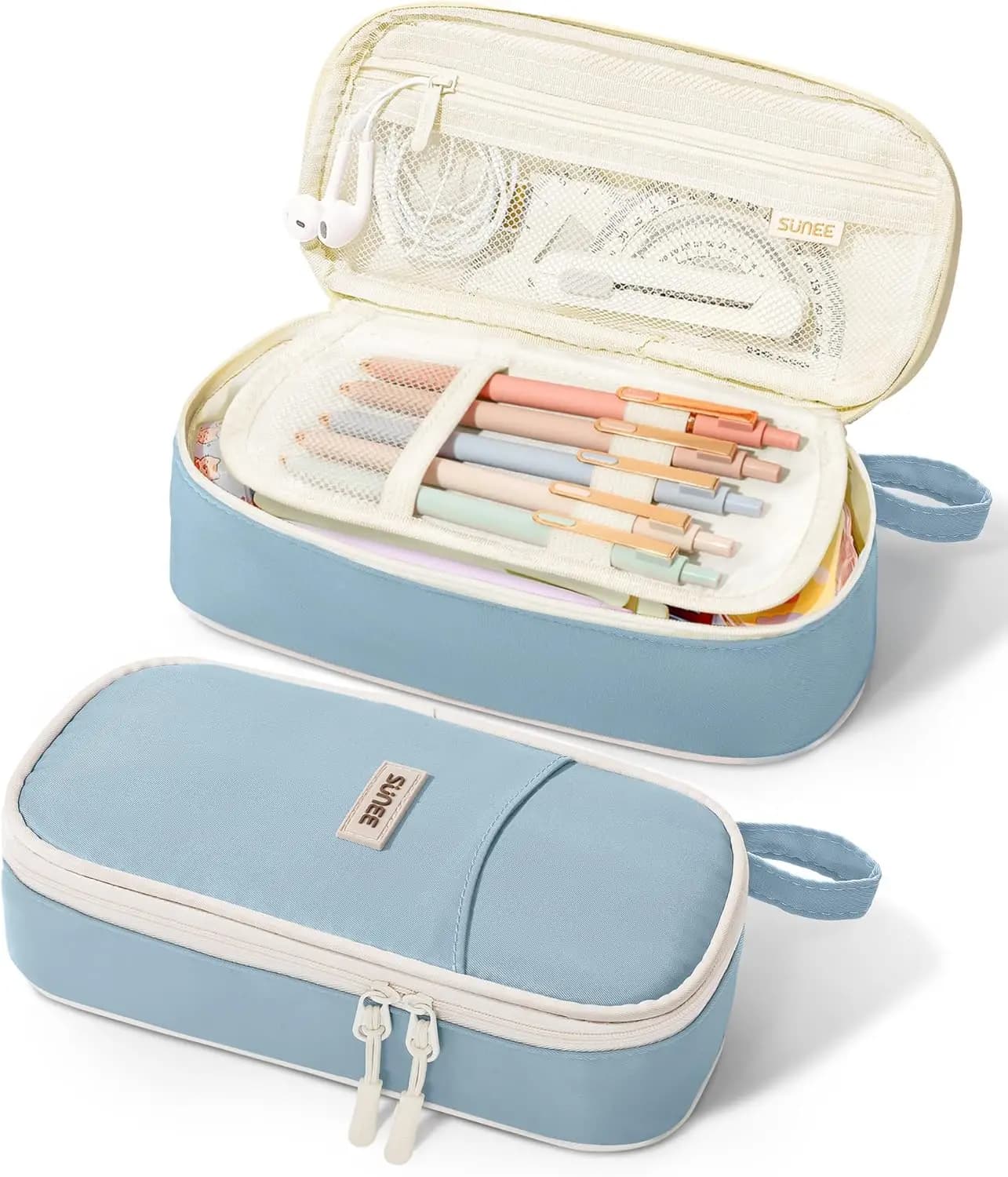 Astuccio Carino con Cerniera, Portapenne Estetico Blu, Grande Organizer Kawaii per Cancelleria per Ragazze Adolescenti e Adulte