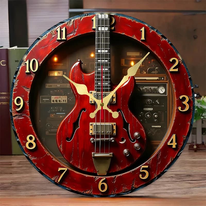 Orologio da parete rotondo in legno a forma di chitarra vintage, silenzioso, adatto per soggiorno, ufficio, studio, camera da letto, decorazione per la casa