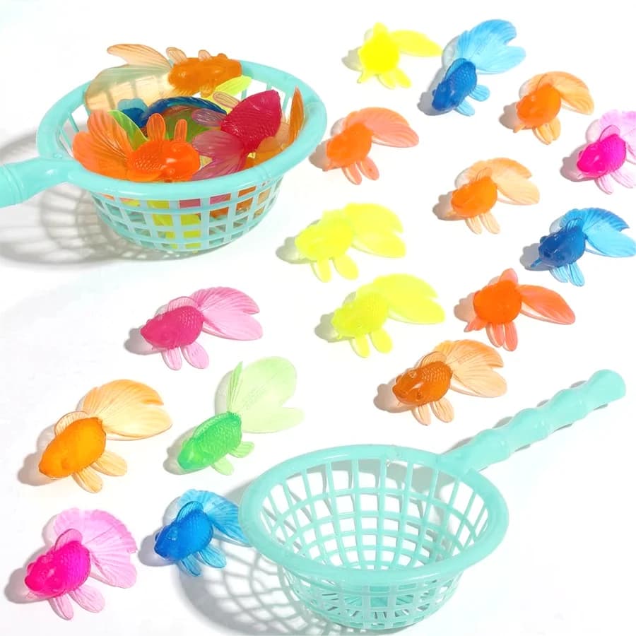 Set di 6/14 Pezzi con Pesci Rossi Galleggianti e Rete da Pesca, Giocattolo per Gatti, Decorazione per Feste Estive, Ornamento da Scrivania, Acquario, Piscina, Vasca da Bagno XJM