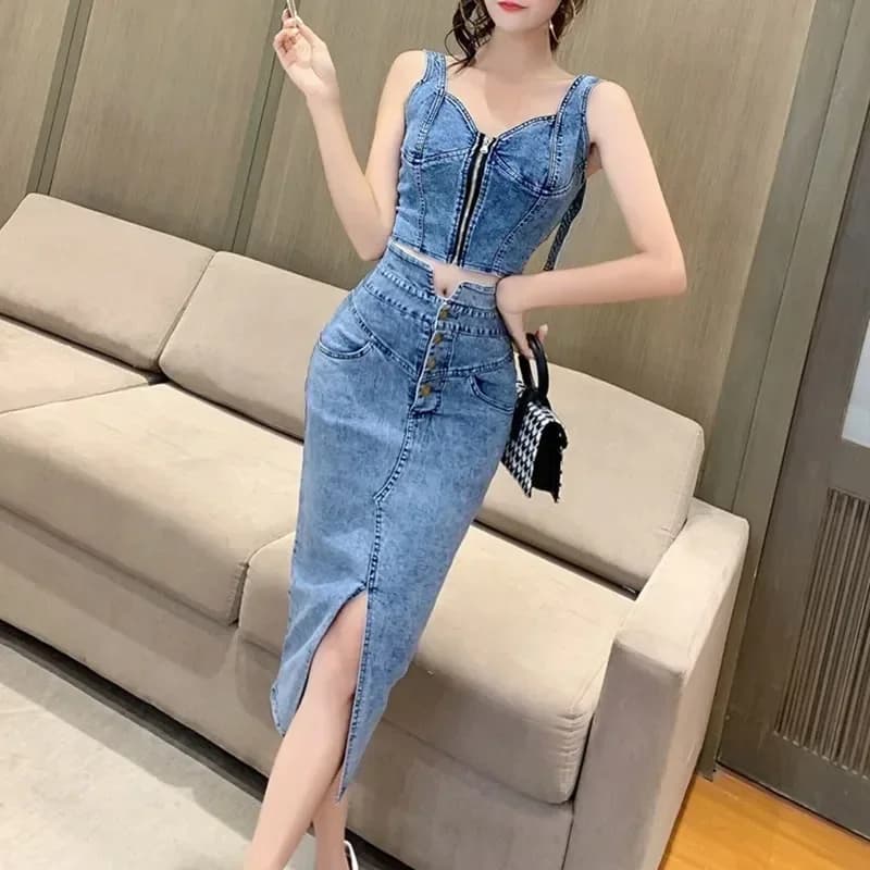 Jeans da donna Canotta + Gonne Set Cinghie di jeans sottili Top Bottoni Gonna lunga Abiti Gonna longuette moda elegante Nuovo abito coordinato